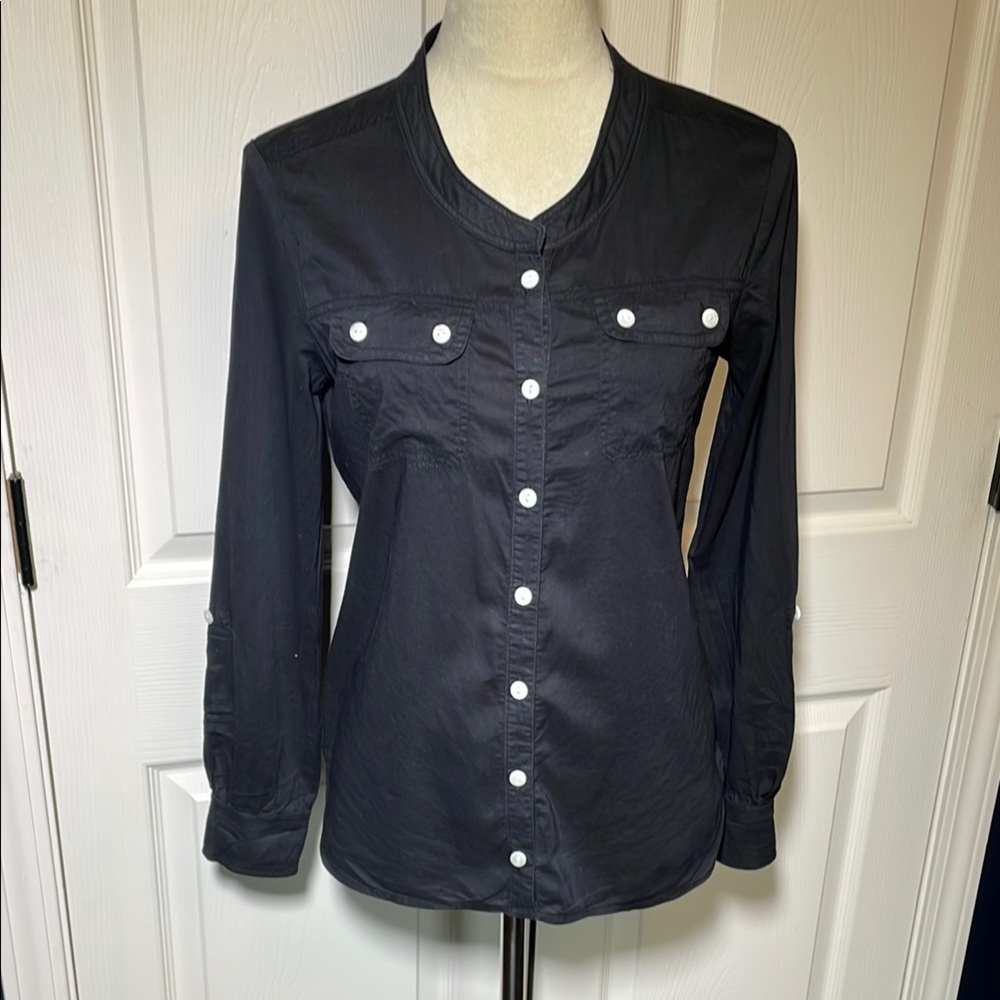 Marine Layer Charcoal Long Roll Tab Sleeve Band Collar Button Down‎ Shirt Small